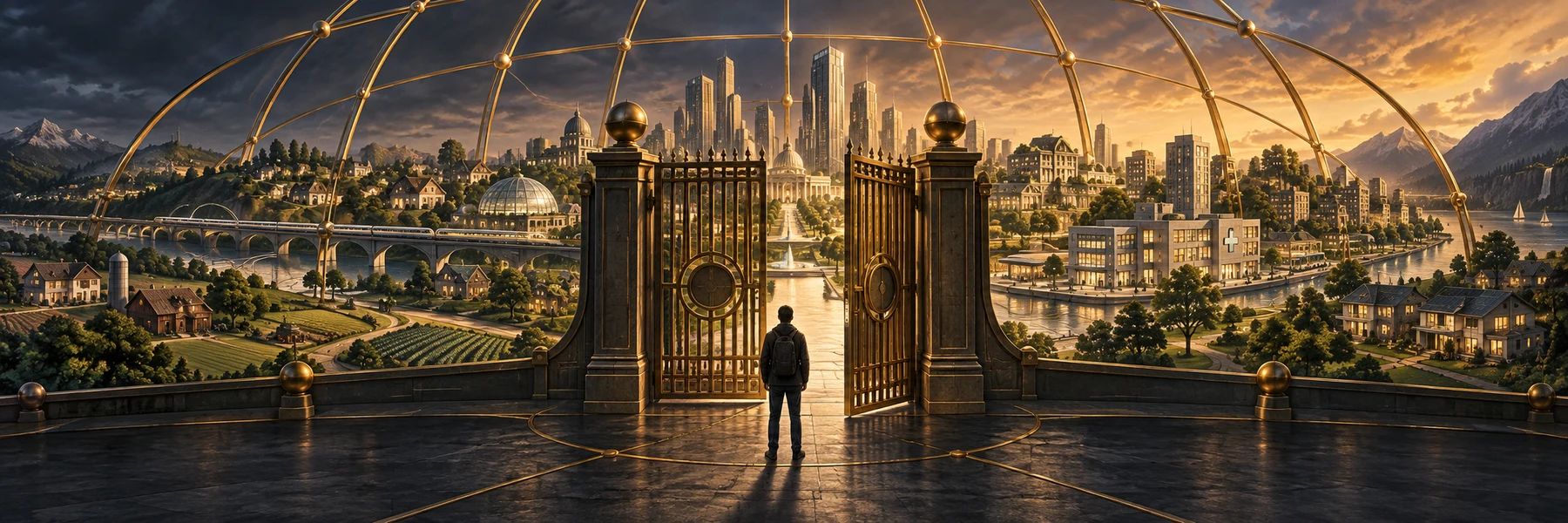 Conceptual illustration of a person facing an imposing access gate, with a glowing city enclosed by a vast brass framework and connected by gold lines.