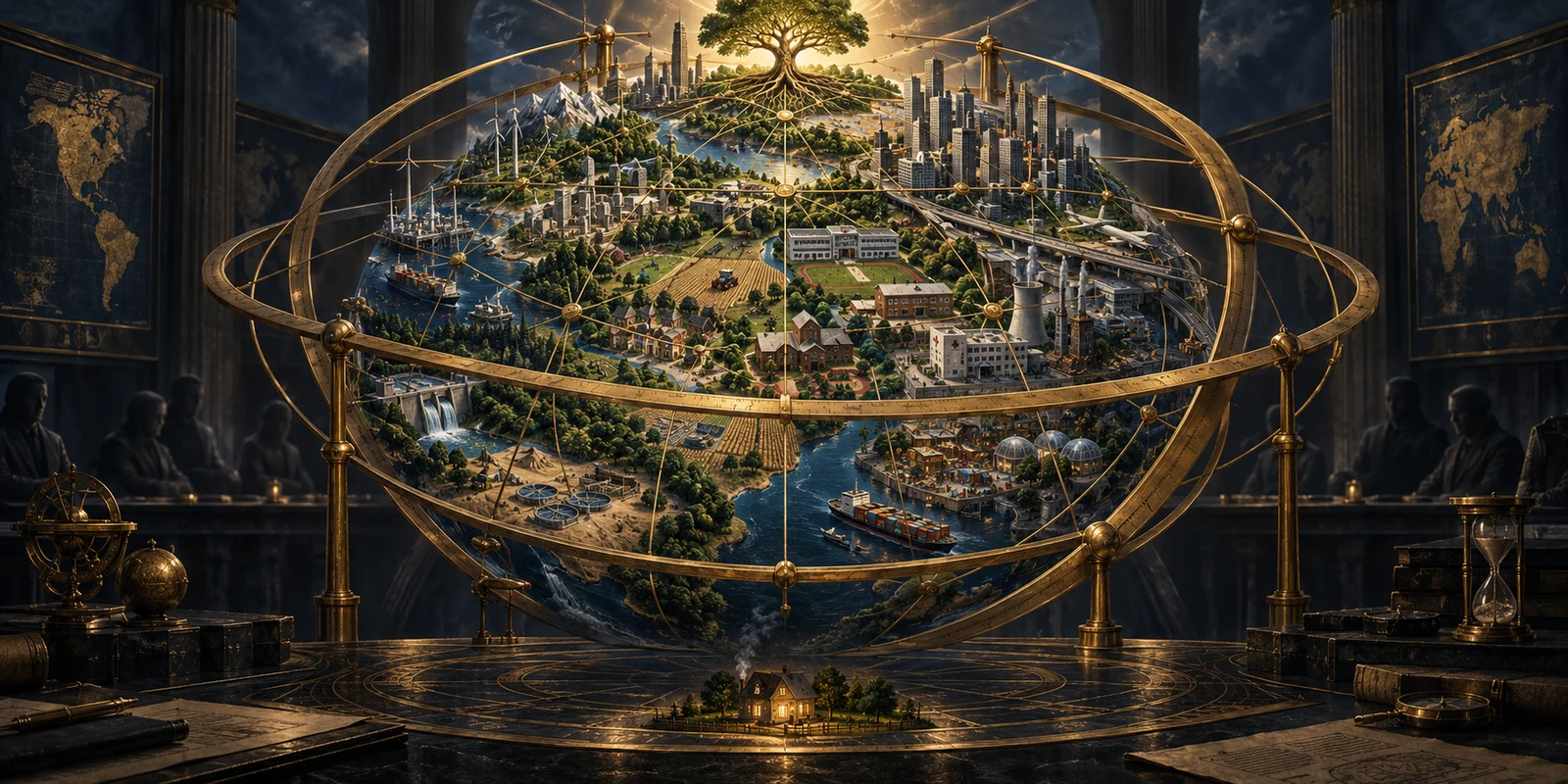 Editorial illustration: concentric brass measuring rings enclose a globe built from homes, farms, factories, schools and hospitals.
