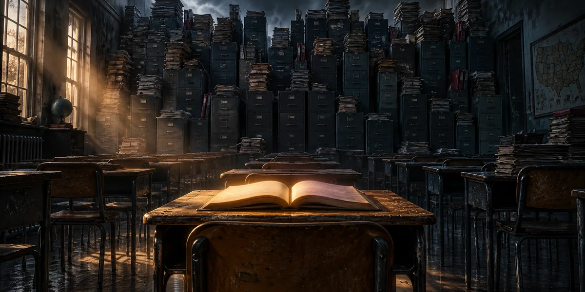 Symbolic illustration of an illuminated book on a school desk overshadowed by a wall of filing cabinets and administrative papers.