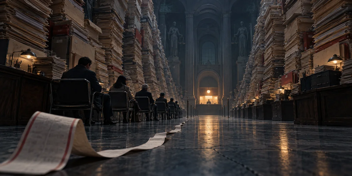 Symbolic illustration of people waiting beneath towering walls of paperwork, facing a distant illuminated service counter.