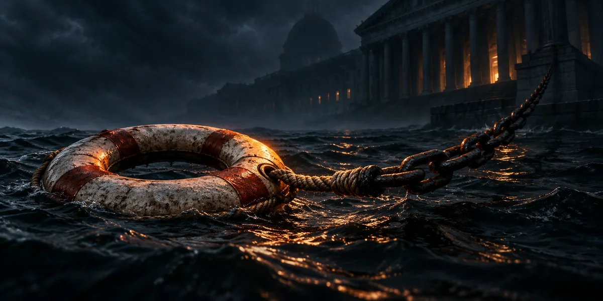 Symbolic illustration of a life ring whose rope becomes an iron chain leading toward a monumental government building.