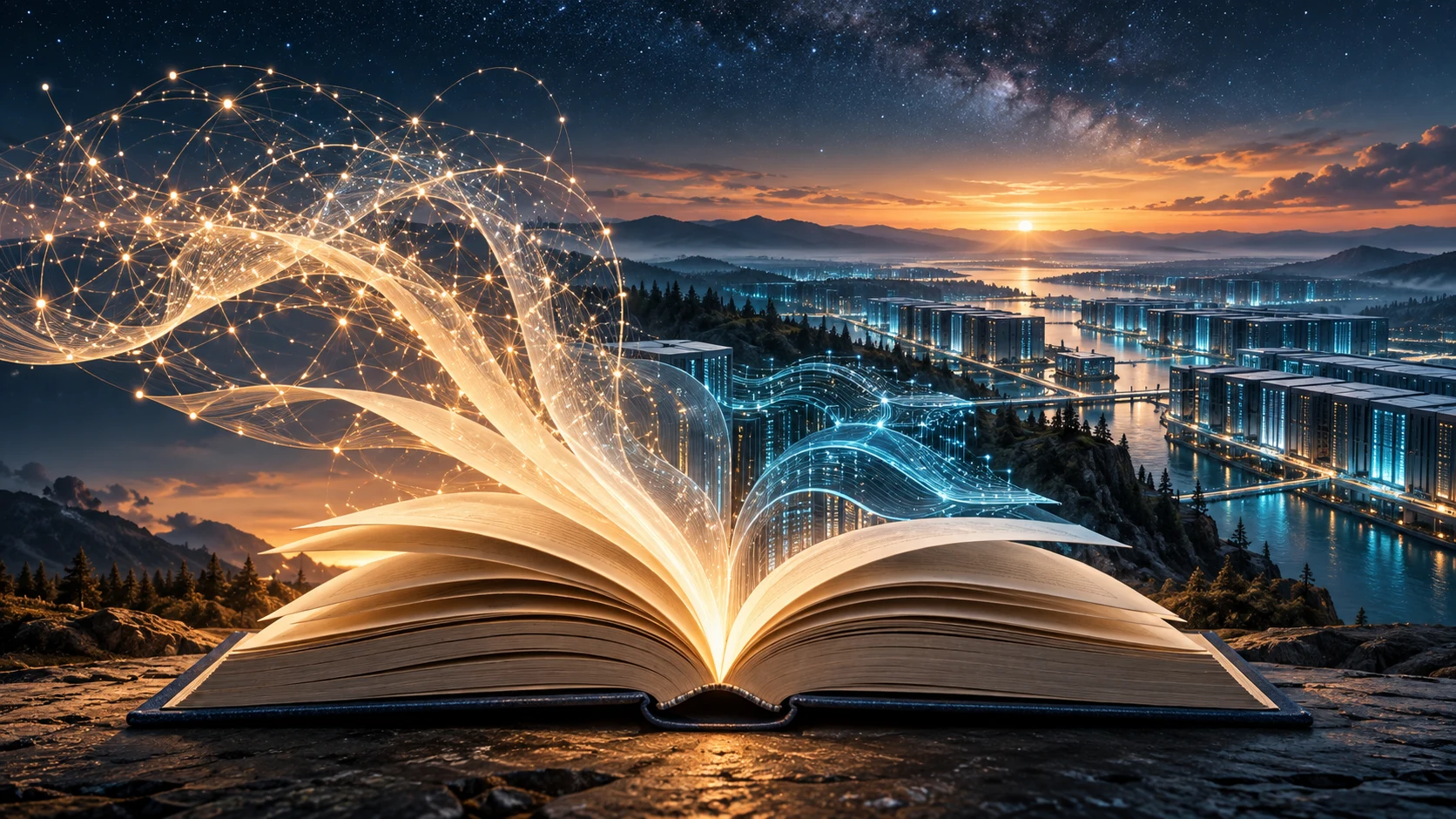 An open book unfolds into glowing networks and a landscape of data centers beneath a starry sky.