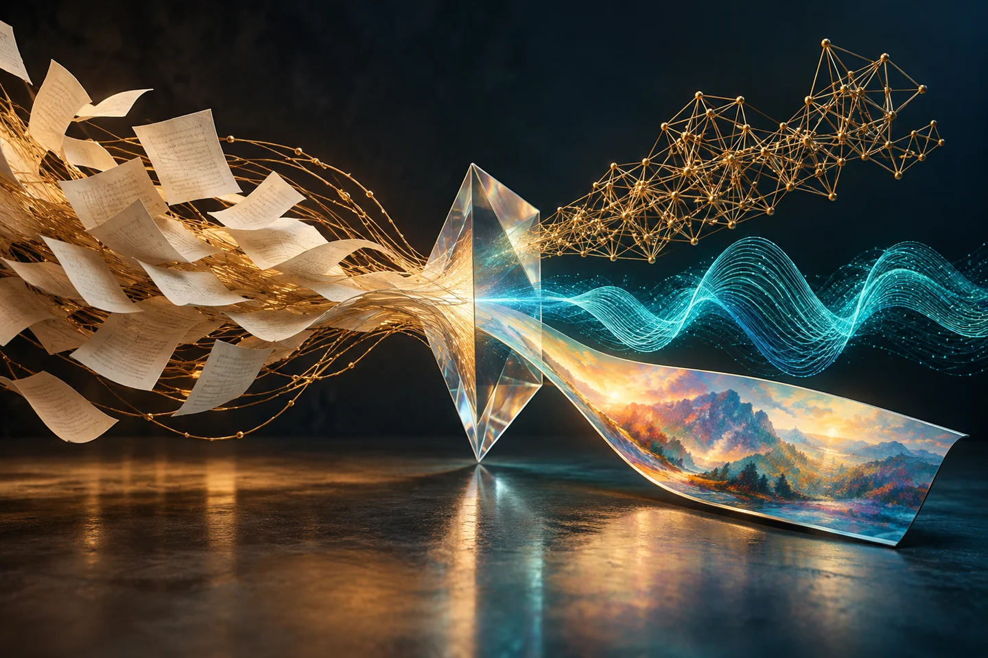 Paper and golden threads pass through a glass prism, emerging as a geometric lattice, a teal wave and a colorful image.