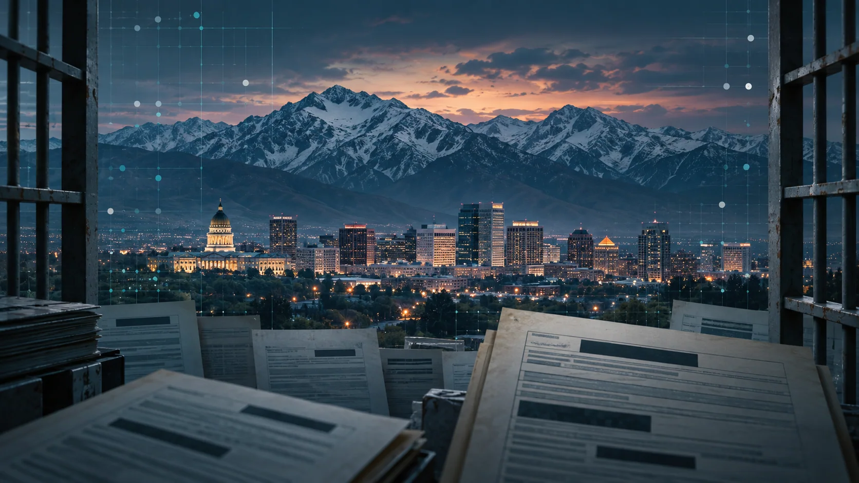Conceptual illustration of Salt Lake City and the Wasatch Mountains framed by jail-window bars, public records and abstract data points